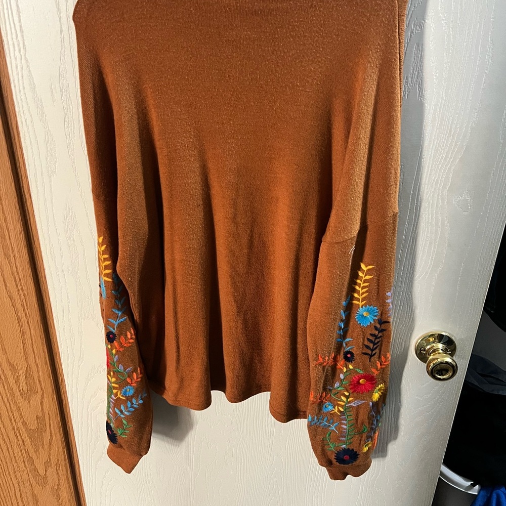 Embroidered Rust Long Sleeve Top